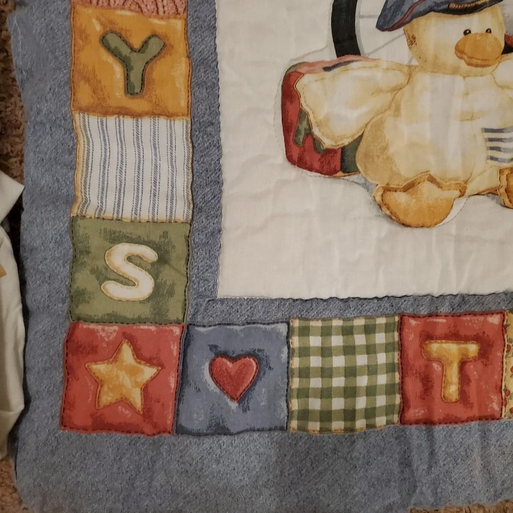 Quilted Blue Jean Teddy Bear Blocks Quilt Baby Blanket Wall Hanging‎ + Sheet